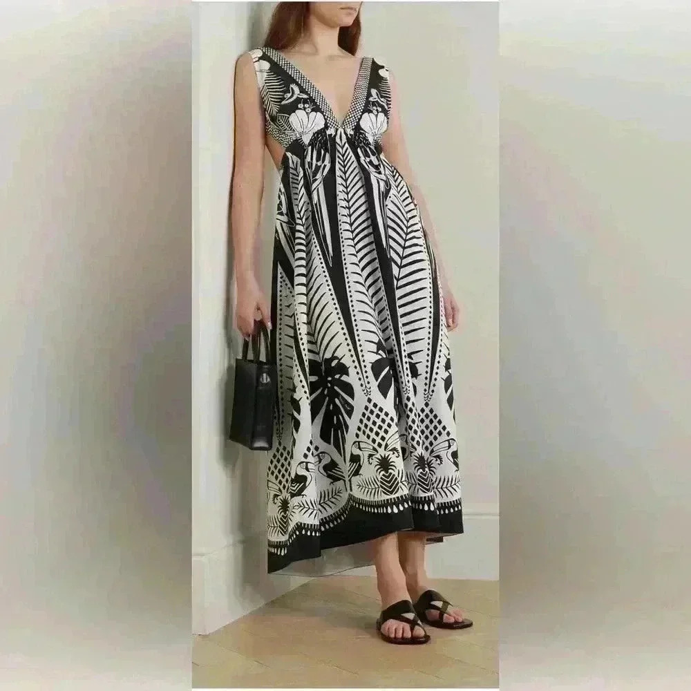 FARM Rio Macaw Black & White Cotton Backless Maxi Dress - Tropical Print - Picture 7 of 14